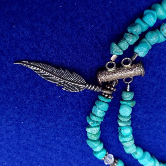 Necklace Choker Turquoise Stone Clear Bead Feather Charm Slide Clasp Vintage 14" - Picture 5 of 8